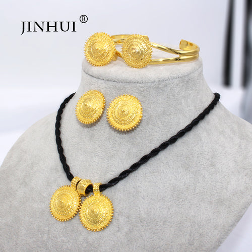 New Ethiopian jewelry sets Pendant Necklace Earring Ring Gold gifts for women dubai African Eritrea bridal jewelry wedding set