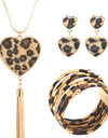 Statement Leopard Jewelry Set for Women Leopard Leather Bracelet Teardrop Drop Dangle Earrings Long Tassel Pendant Necklace