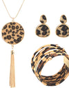 Statement Leopard Jewelry Set for Women Leopard Leather Bracelet Teardrop Drop Dangle Earrings Long Tassel Pendant Necklace