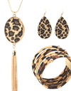 Statement Leopard Jewelry Set for Women Leopard Leather Bracelet Teardrop Drop Dangle Earrings Long Tassel Pendant Necklace