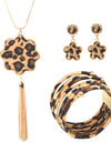 Statement Leopard Jewelry Set for Women Leopard Leather Bracelet Teardrop Drop Dangle Earrings Long Tassel Pendant Necklace