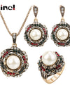 Kinel 3Pcs Vintage Imitation Pearls Jewelry Sets For Women Antique Gold Crystal Wedding Necklace Earrings Ring Turkish Jewelry