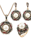 Kinel 3Pcs Vintage Imitation Pearls Jewelry Sets For Women Antique Gold Crystal Wedding Necklace Earrings Ring Turkish Jewelry