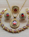 Dubai Yellow Gold Color Big Jewelry Sets Wedding Accessories Women Red Garnet Zircon Clip Earring And Necklace Bridal Sets