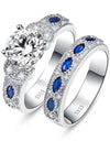 White CZ & Sapphire Solid Real 925 Sterling Silver Ring Set