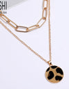 Gold Color Leopard Skin Print Round Pendant Wide Chain Multi-layer  Necklace Set  2021 Fashion Choker Jewelry Party Gift