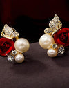 Women\'s Fashion Red Rose Flower Faux Pearl Decor Ear Stud Earrings Jewelry Gift